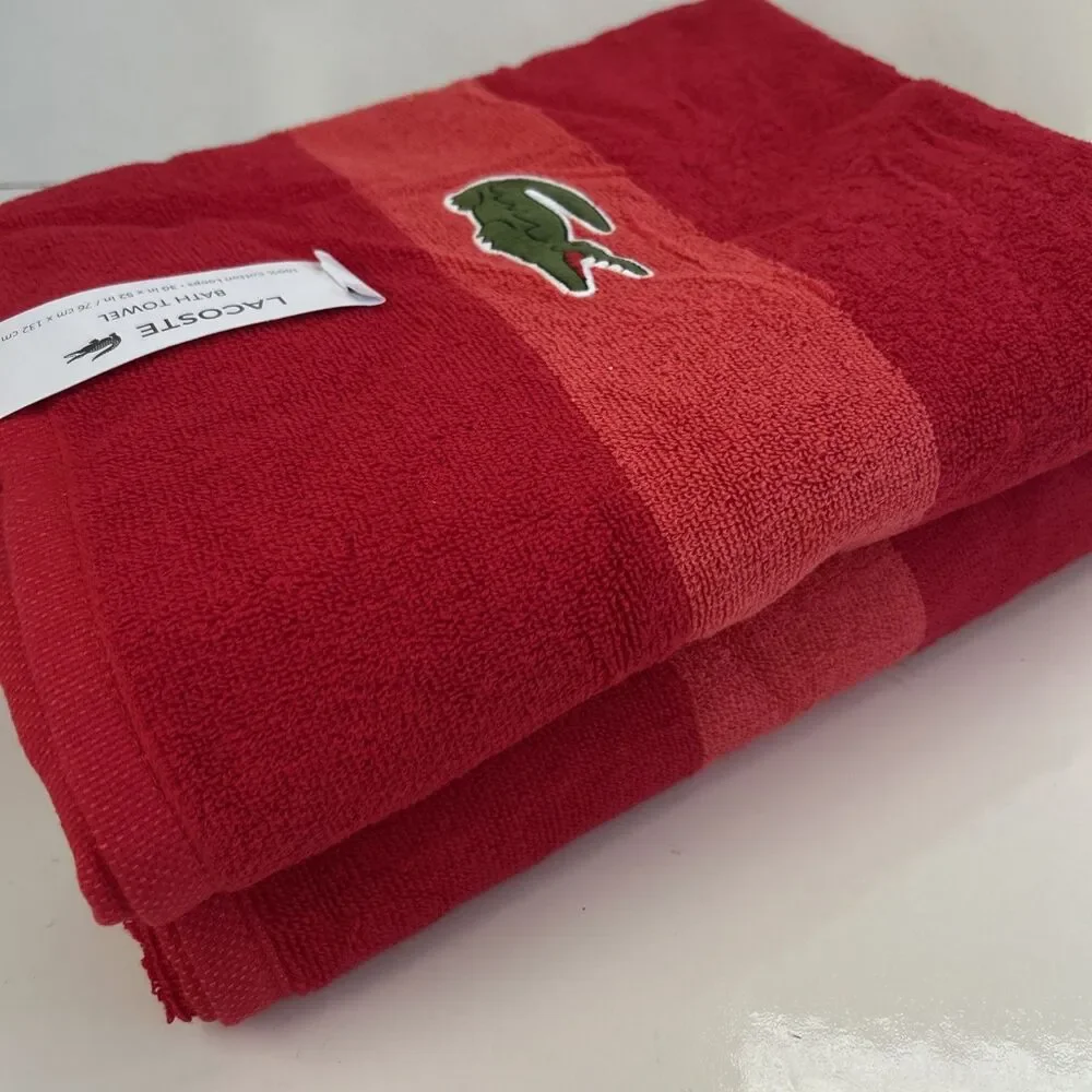 Two Lacoste Bath Towel Color Block Red Big Croc Logo 100% Cotton 30”x 52”